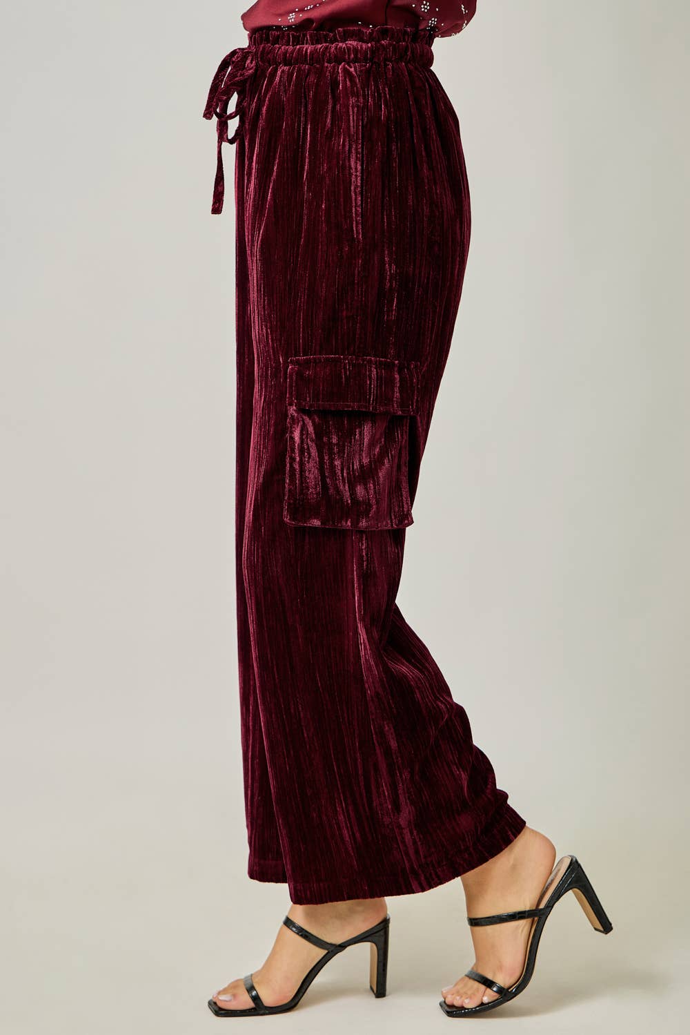 Crinkle Velvet Wide Leg Cargo Pants