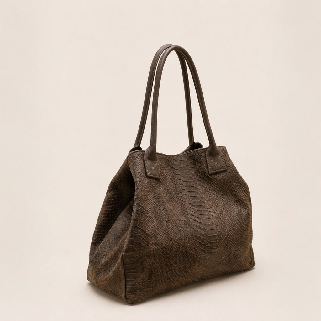 LOLA – Italian Python-Embossed Leather Bag – Dark Taupe
