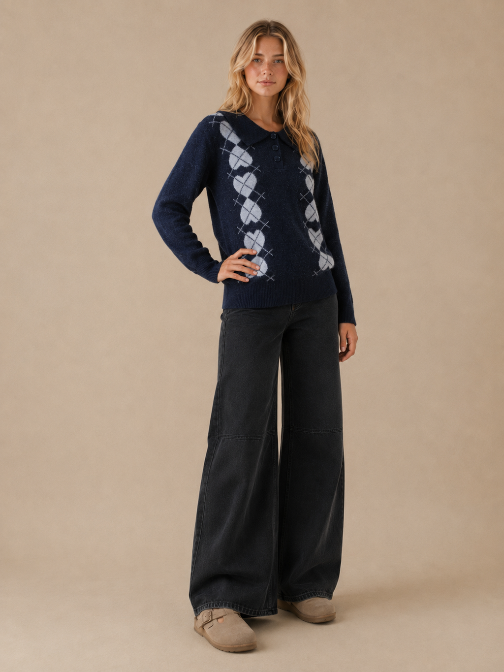 SA10042T - Argyle Heart Knit Polo Sweater: NAVY