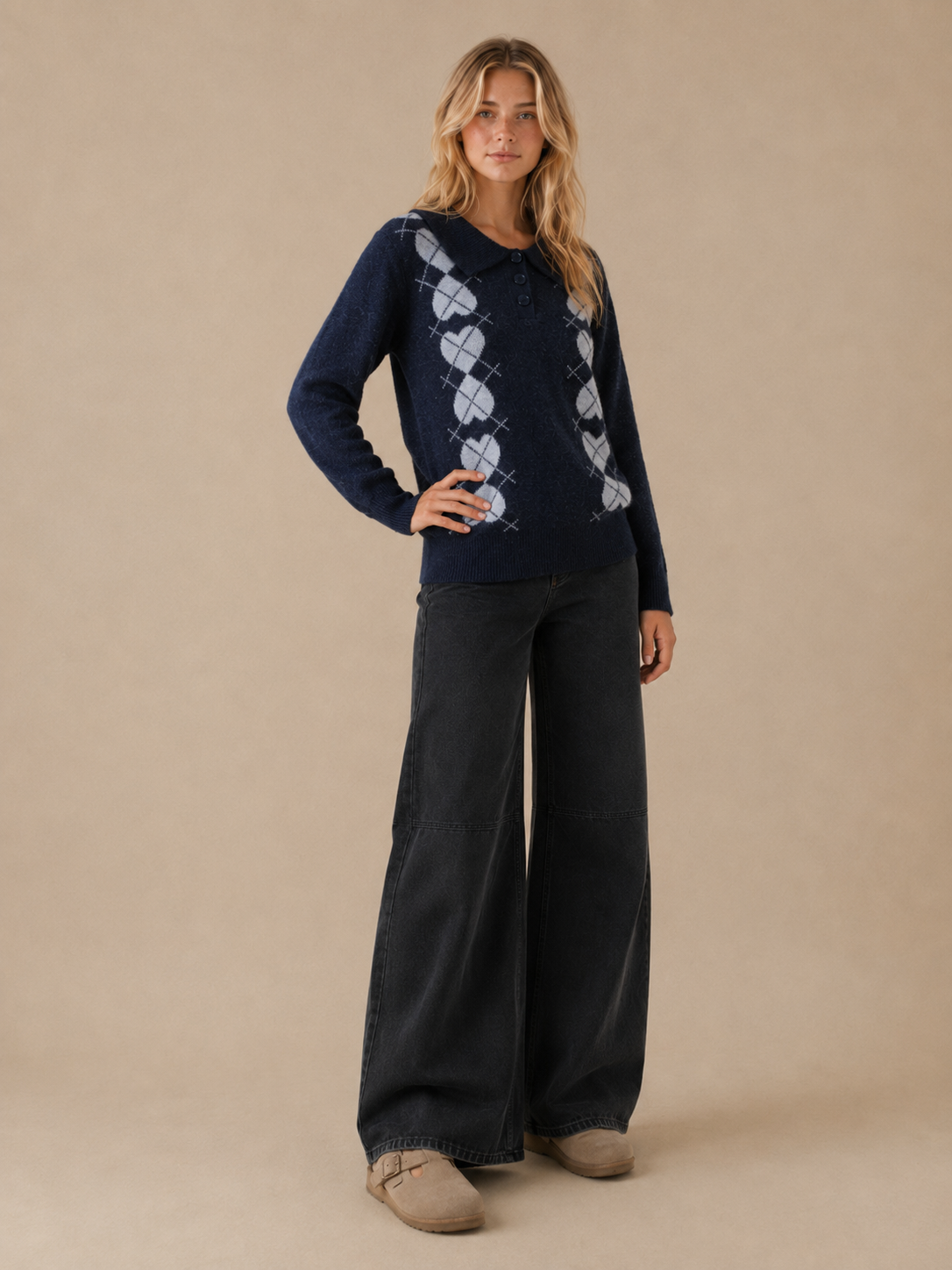 SA10042T - Argyle Heart Knit Polo Sweater: NAVY