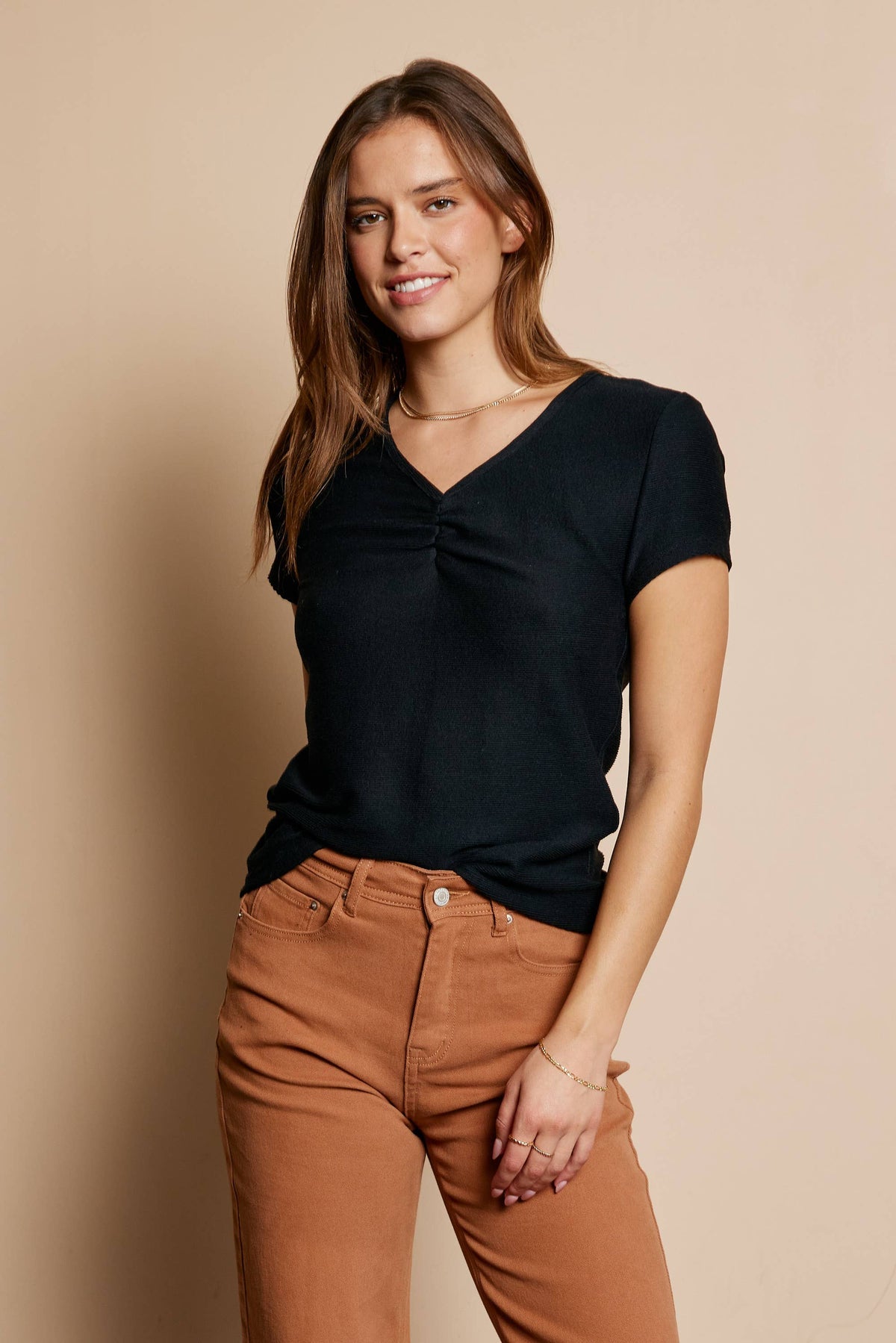 Black Ruched Ribbed V-Neck Top