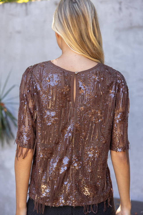 37226 Round Neck Short Sleeve Sequin Top