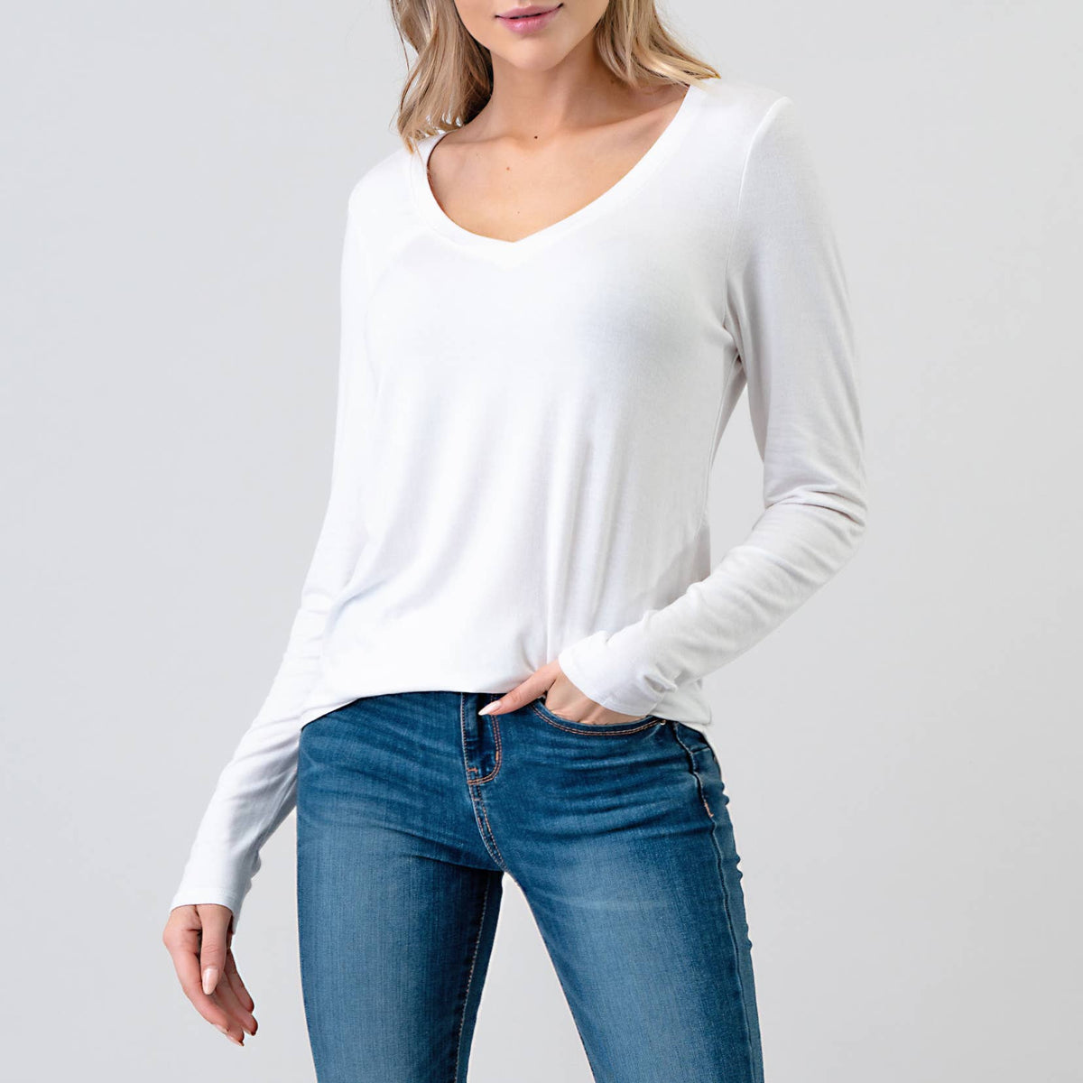 Modal Long Sleeve V-neck: White