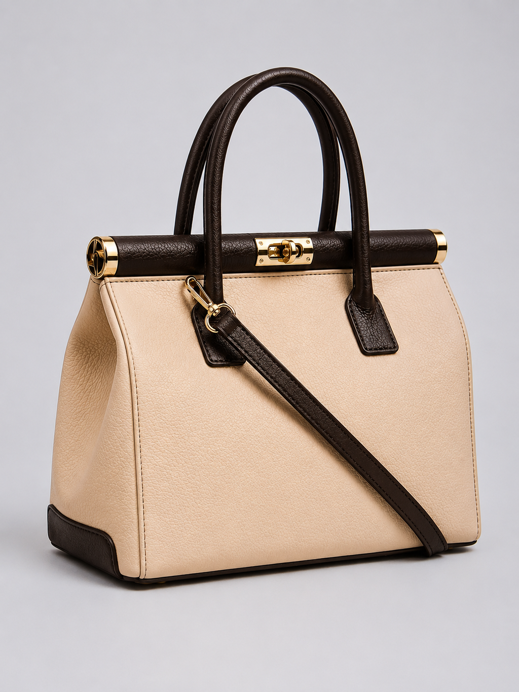 Italian Leather Handbag- Cream & Dark Brown