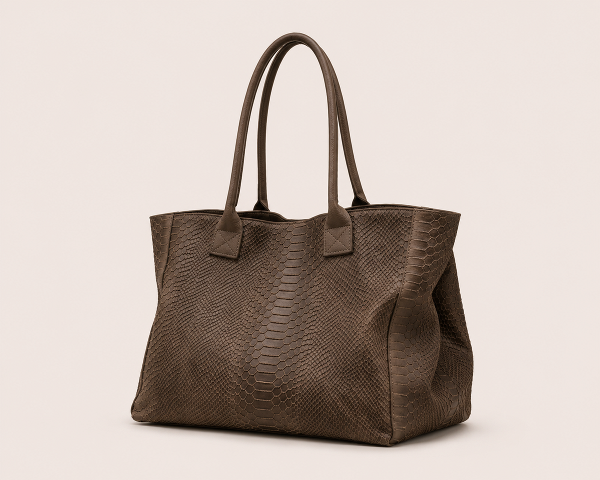 LOLA – Italian Python-Embossed Leather Bag – Dark Taupe