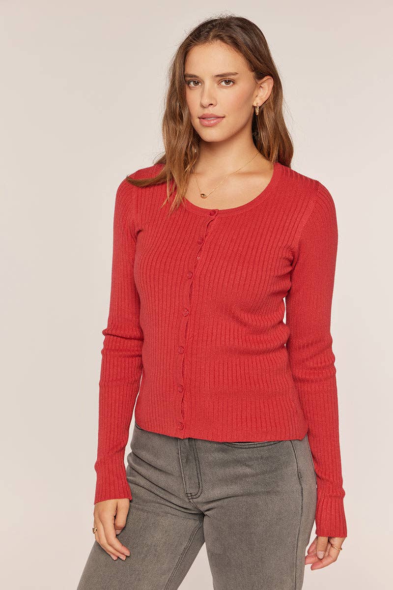 Red Ribbed Button Down Cardigan