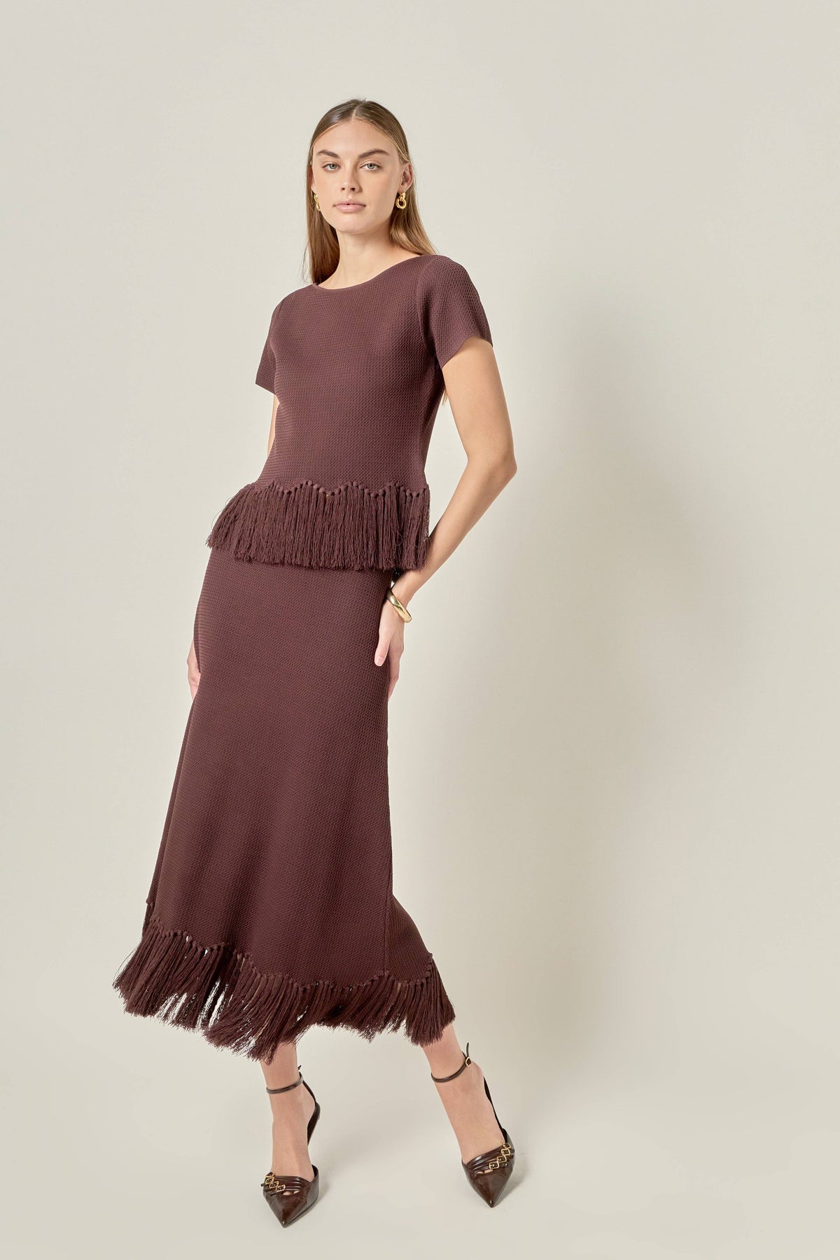 Fringe Hem Knit Midi Skirt