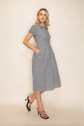 Collared Gingham Button Down Dress: Navy