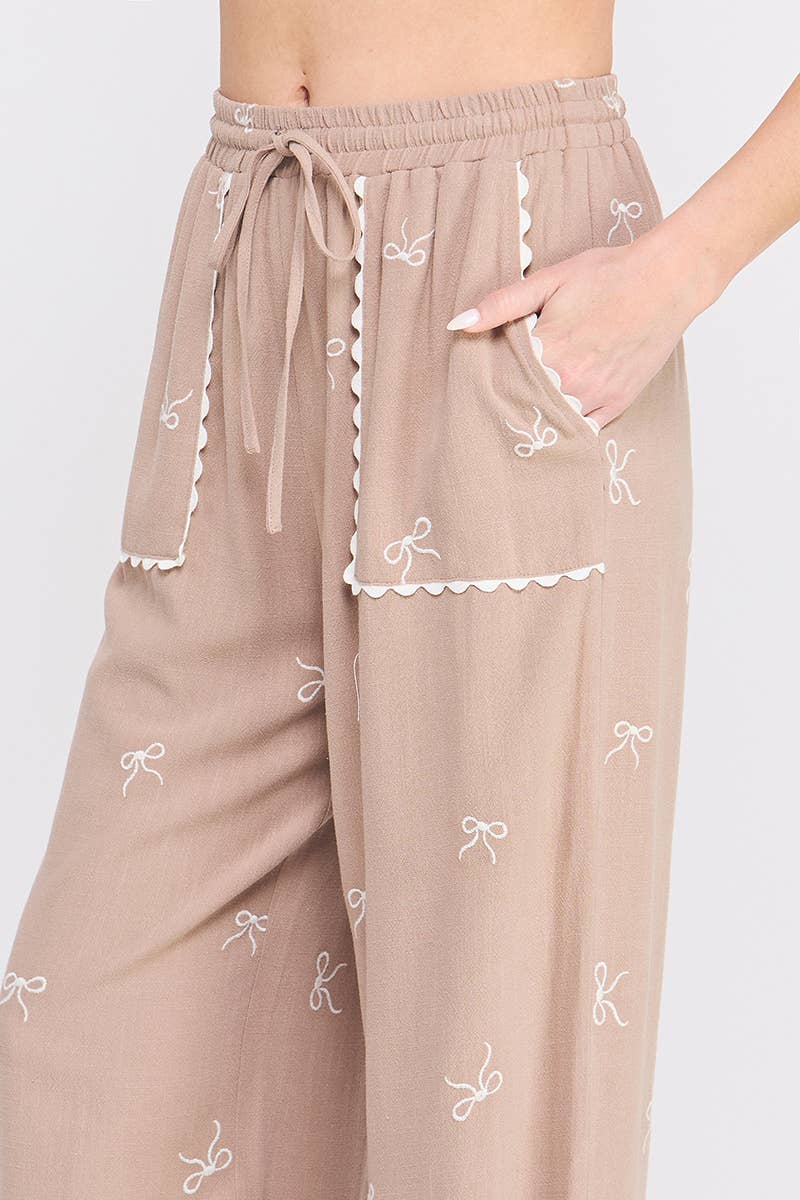 Bow Embroidered Linen Palazzo Pant