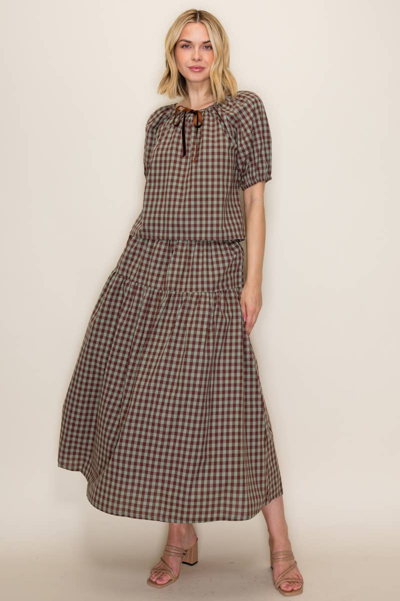 Gingham Top and Skirt Set: Mint/Chocolate