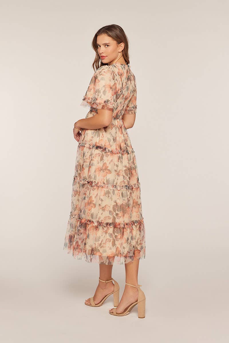 Floral Mesh Tiered Midi Dress