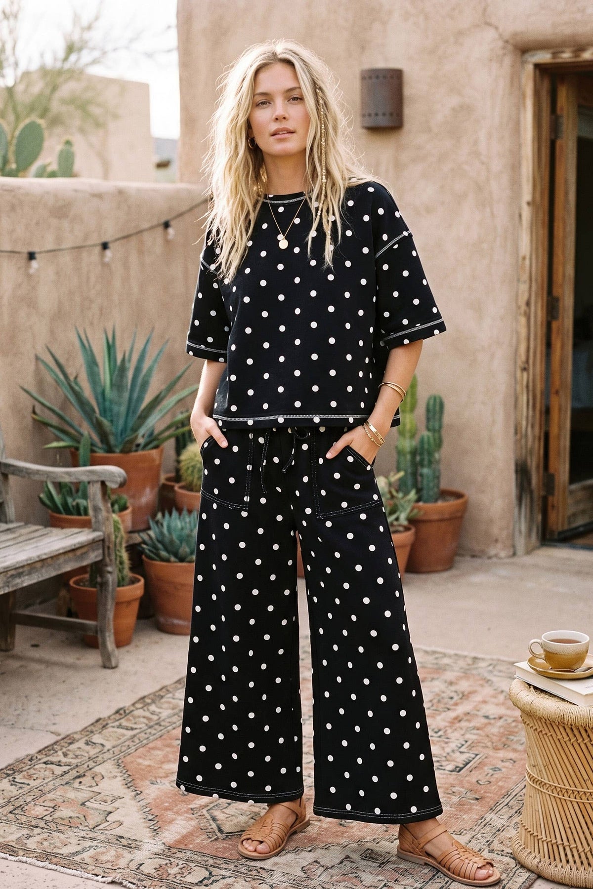 Polka Dot Short Sleeve Set: Black/White