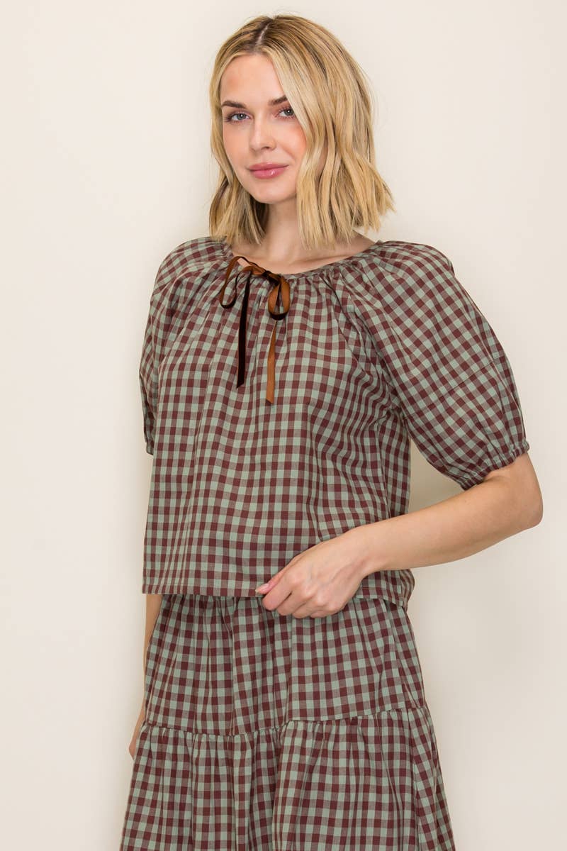 Gingham Top and Skirt Set: Mint/Chocolate