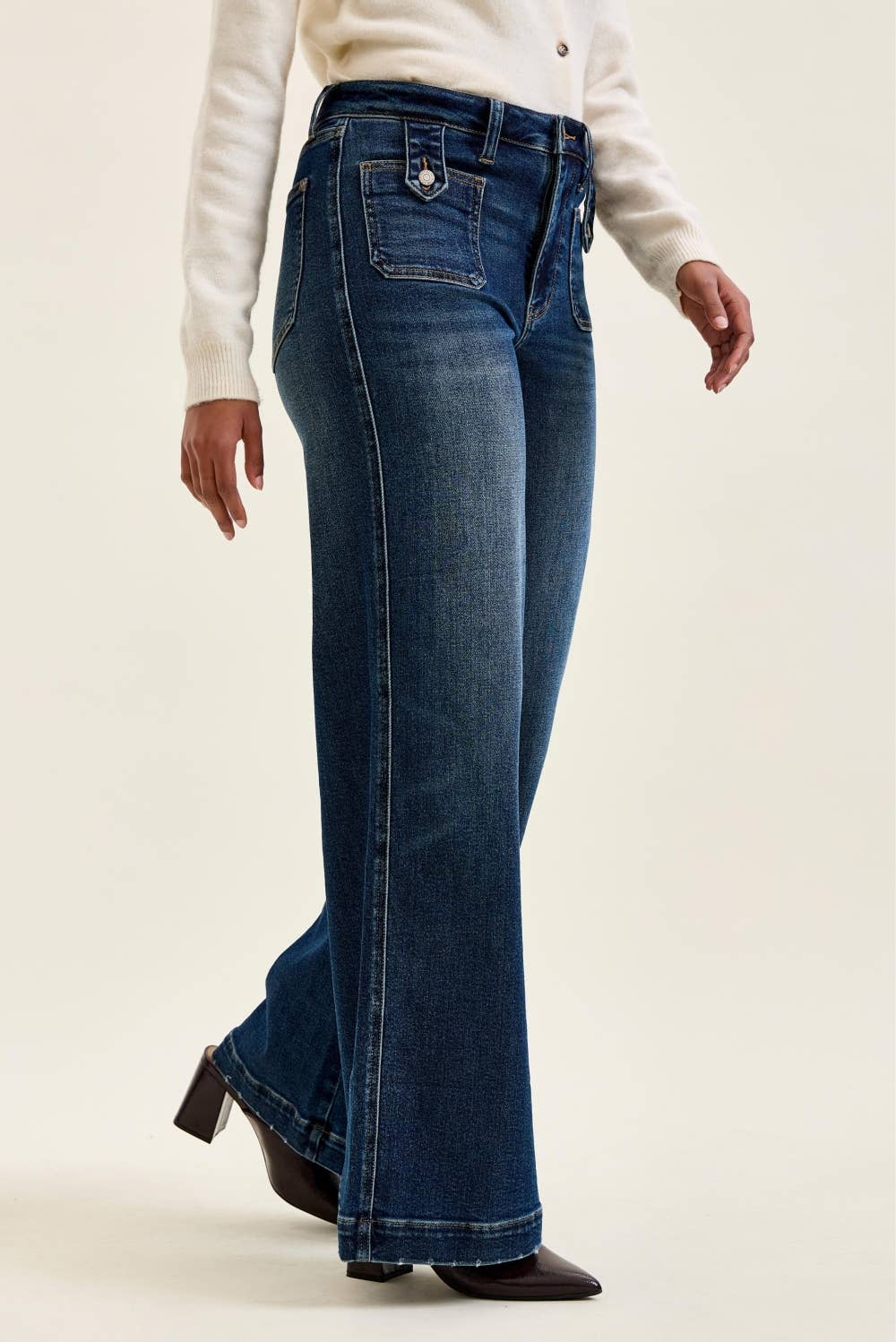 Wide Leg w/ Front Tab Closure Jeans: Fade Indigo