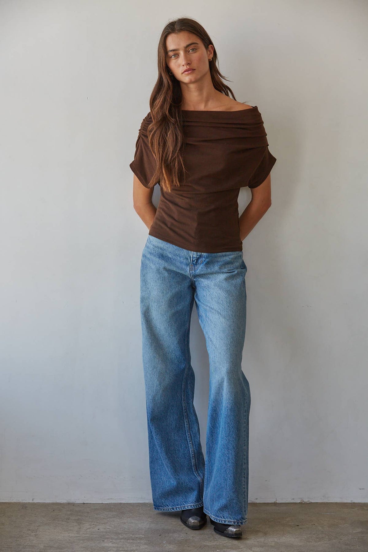 Off Shoulder Drape Top: Brown