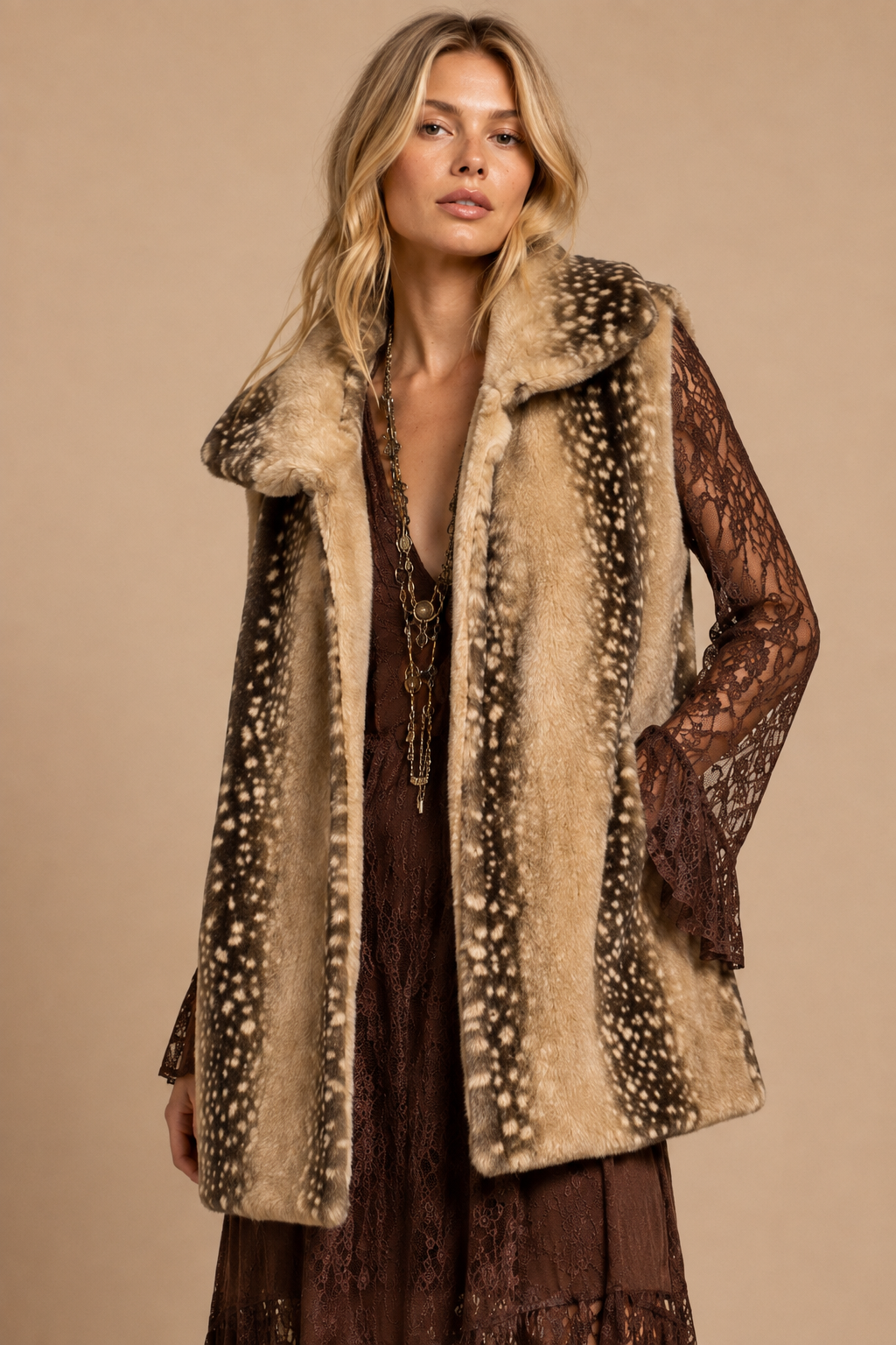 Faux Fawn Longline Plush Vest: BROWN BAMBI