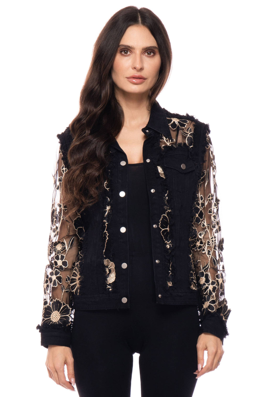 Floral Embroidered Mesh Sleeve Denim Jacket