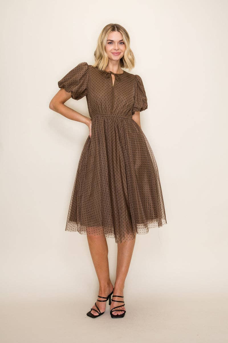 Classic Polka Dot Mesh Midi Dress: Mocha