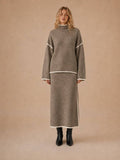 Contrast Piping Trim Knit Set: Taupe
