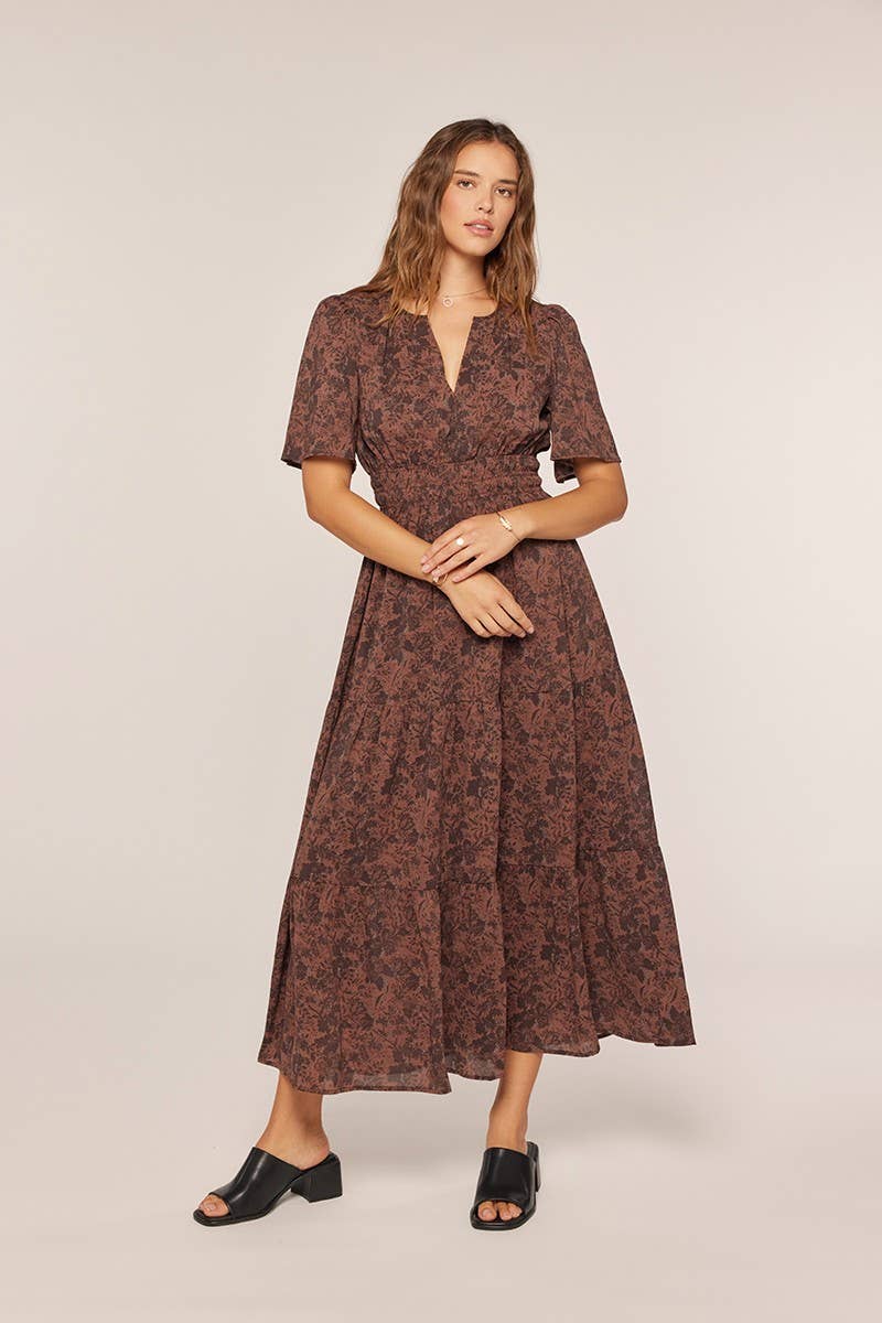 Printed Open Neck Dress: Cherrywood