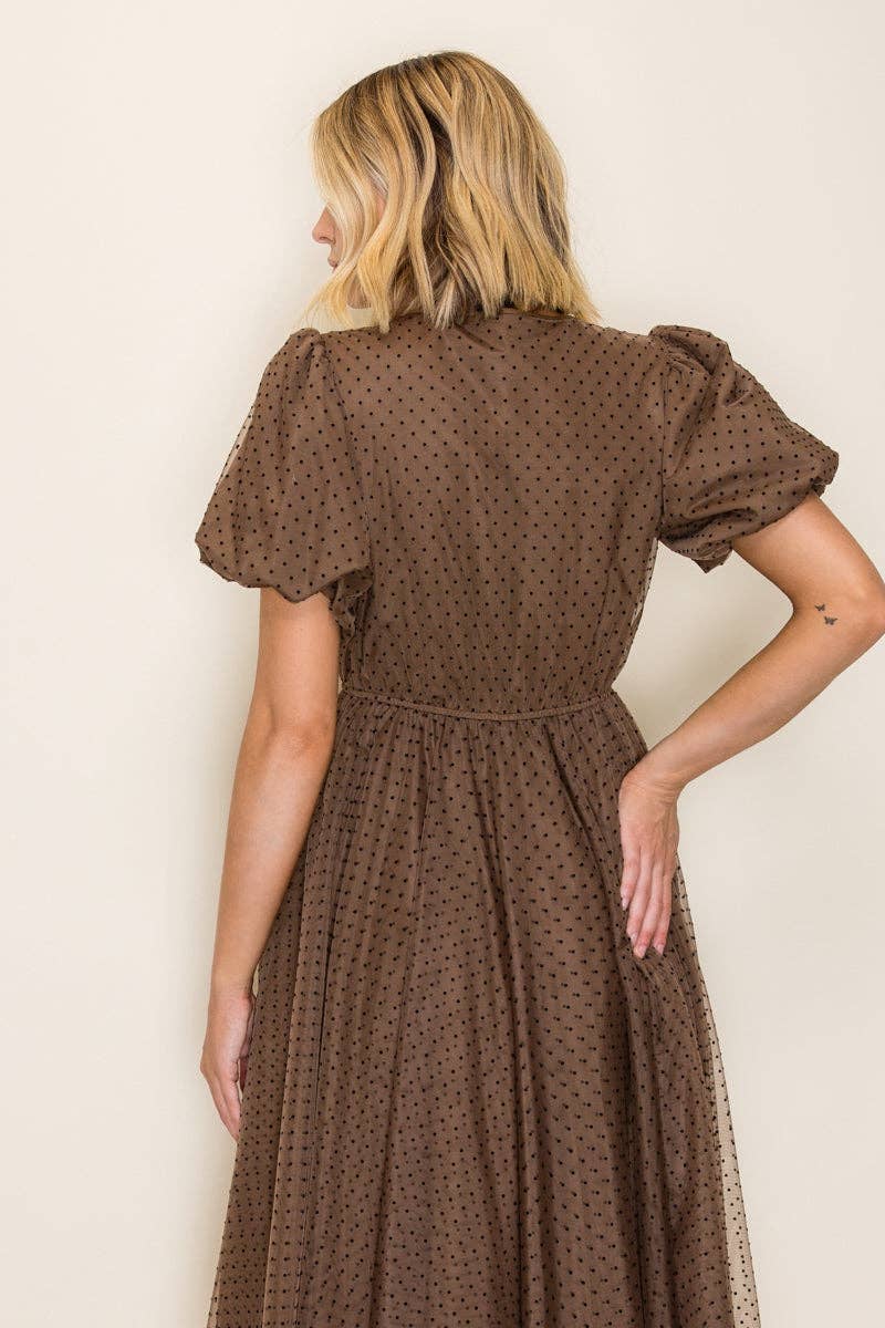 Classic Polka Dot Mesh Midi Dress: Mocha