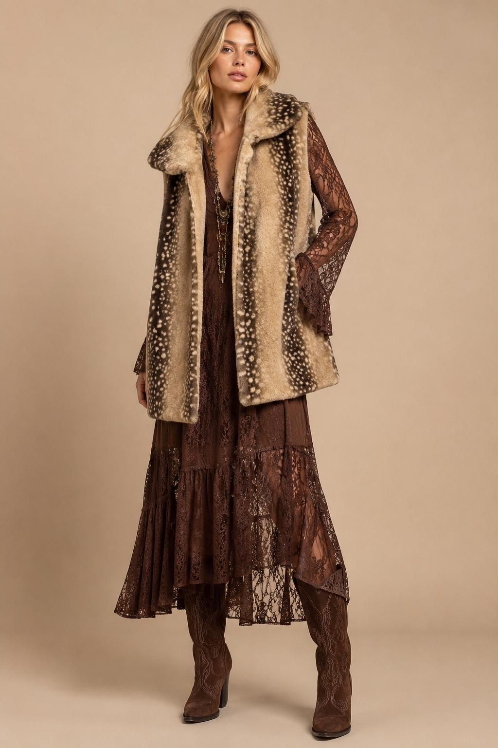 Faux Fawn Longline Plush Vest: BROWN BAMBI