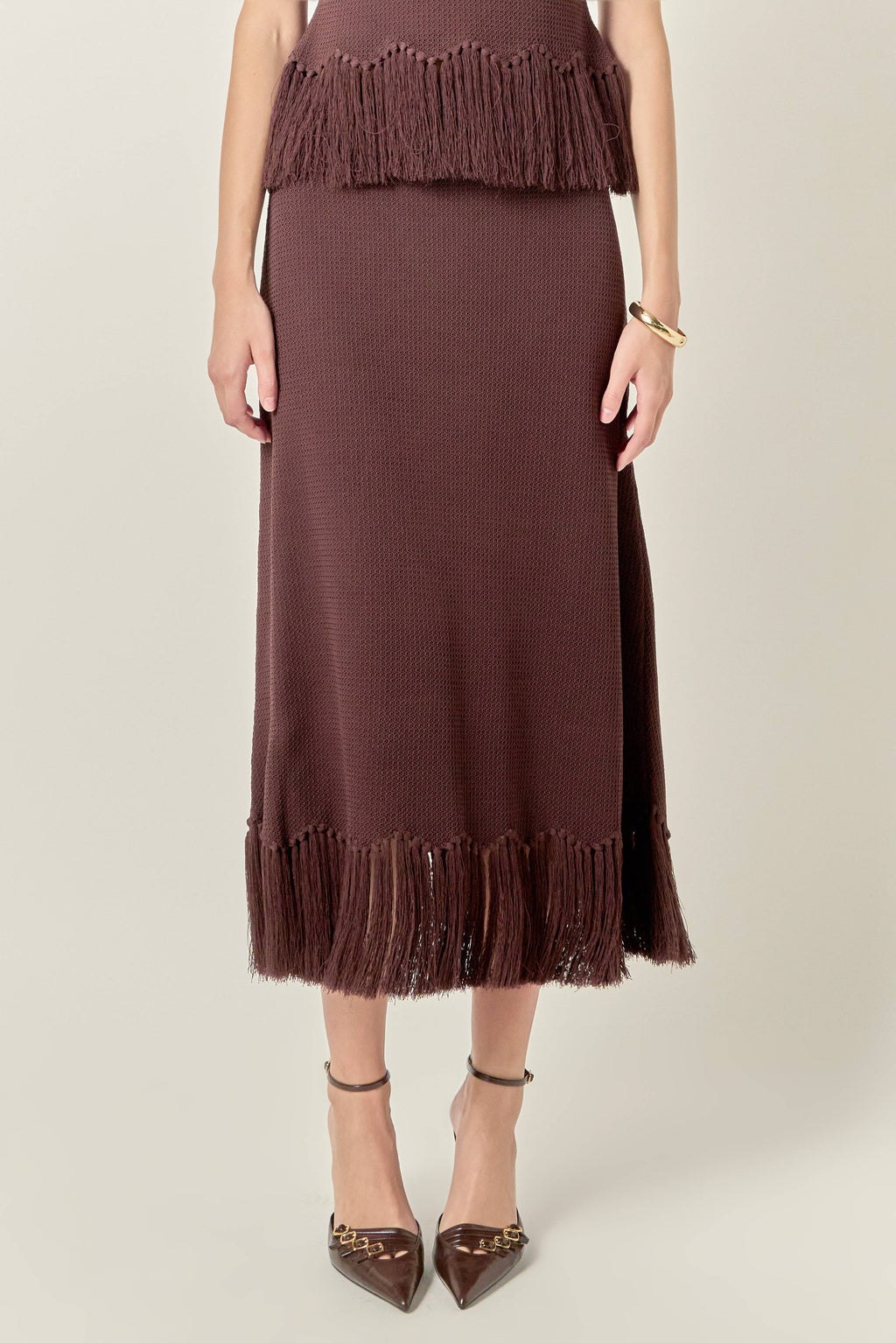 Fringe Hem Knit Midi Skirt