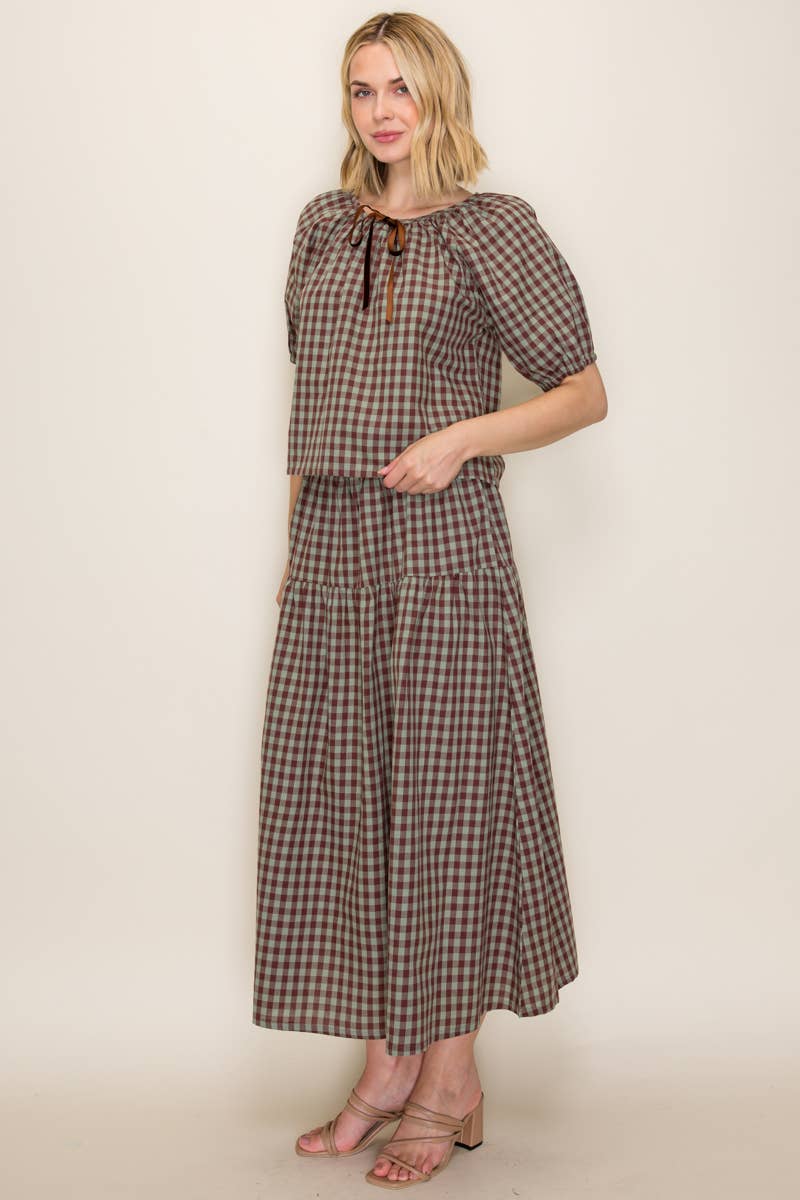 Gingham Top and Skirt Set: Mint/Chocolate