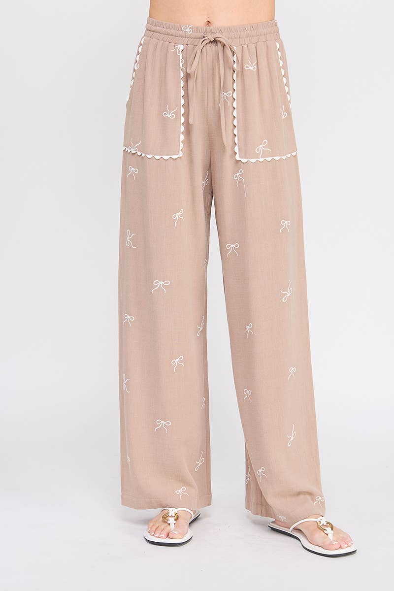Bow Embroidered Linen Palazzo Pant