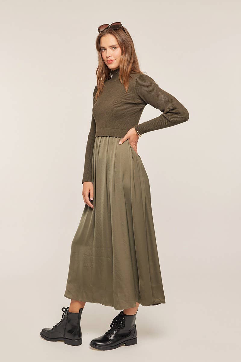 Mixed Media Sweater Dress: Olive