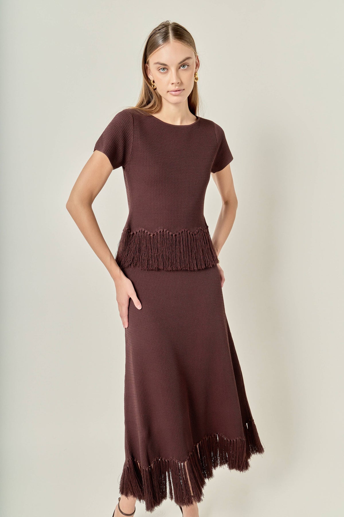 Fringe Hem Knit Midi Skirt