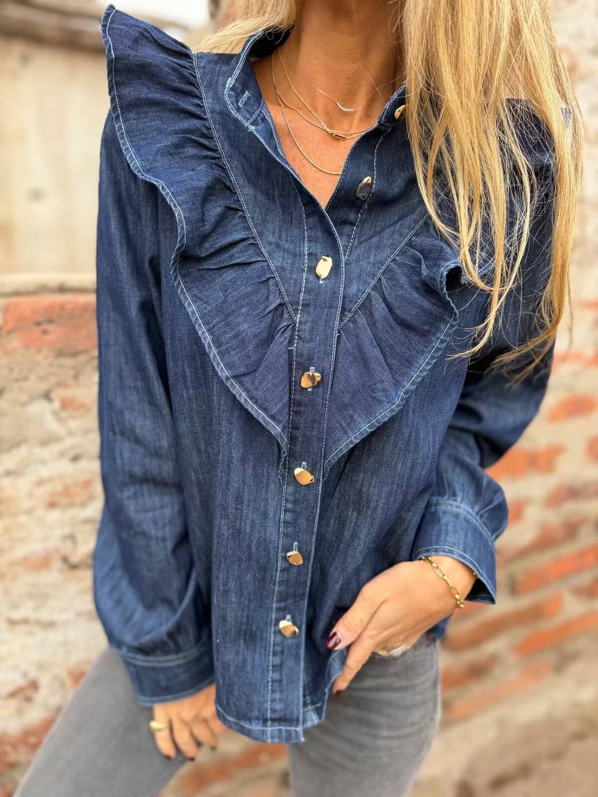 Ruffle Trim Denim Shirt Jacket