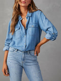 Casual Lapel Denim Shirt: Dark Blue