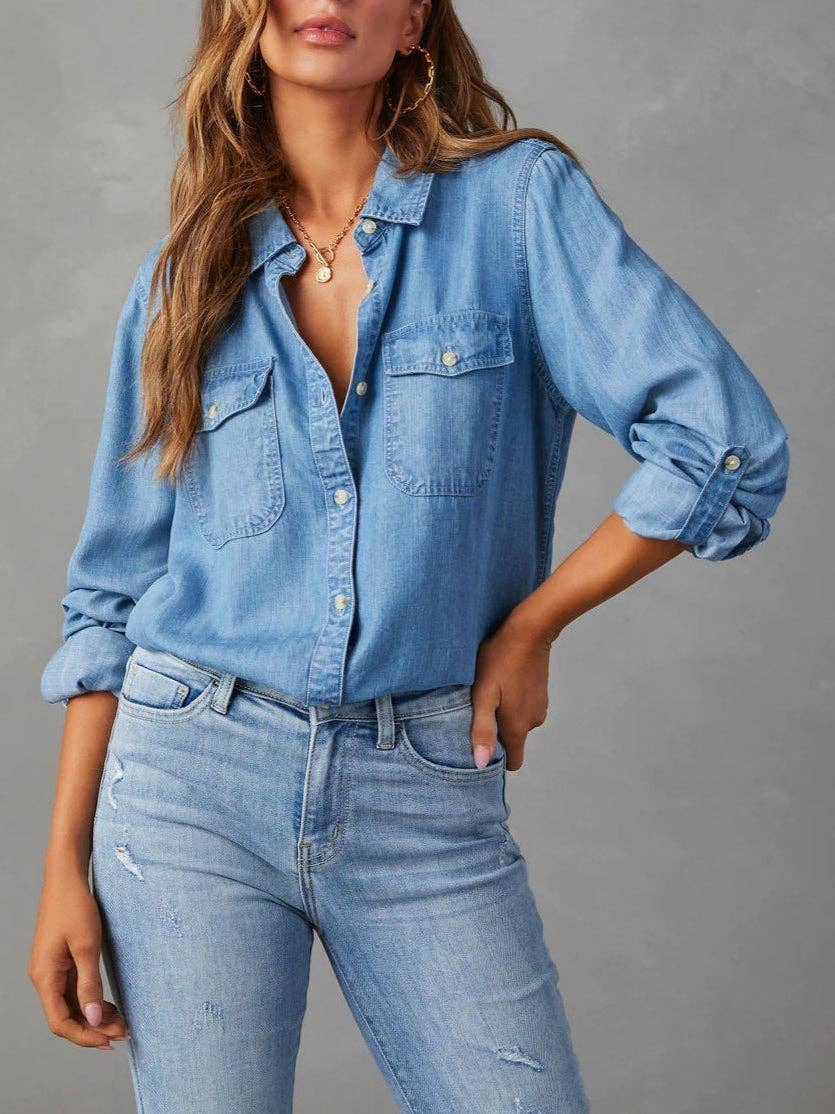 Casual Lapel Denim Shirt: Dark Blue