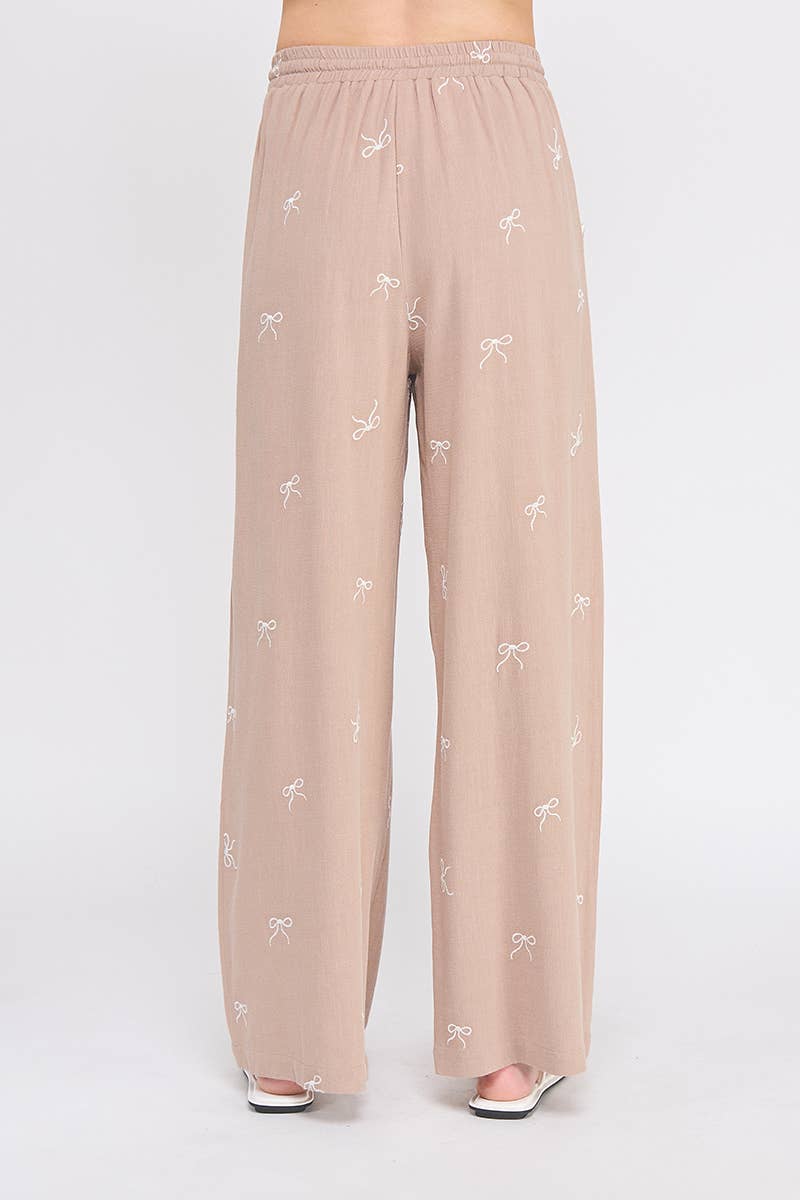 Bow Embroidered Linen Palazzo Pant
