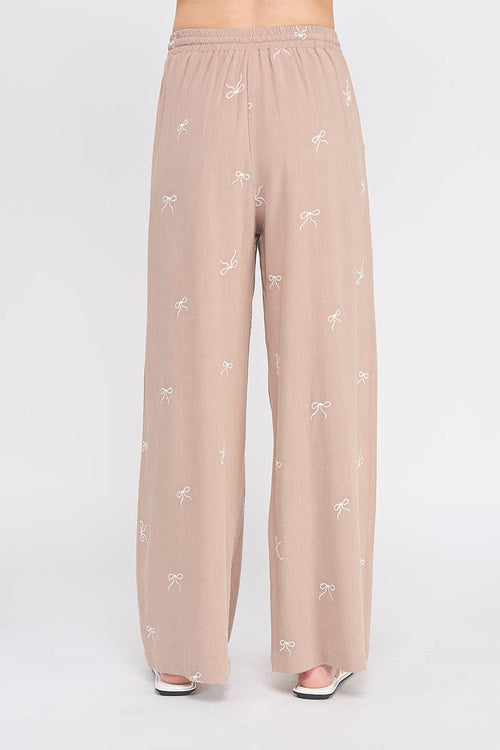 Bow Embroidered Linen Palazzo Pant