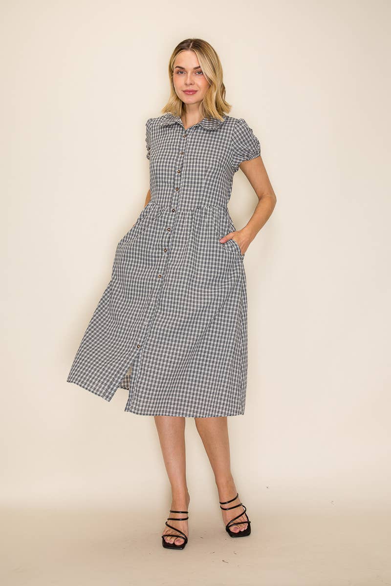 Collared Gingham Button Down Dress: Navy