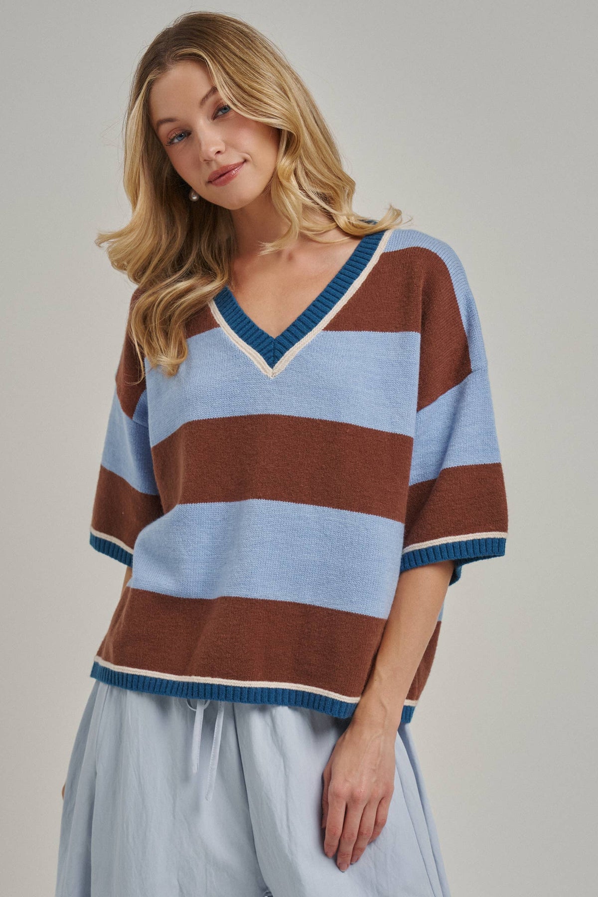 Stripe Loose Fit V-neck Sweater: Blue/Brown