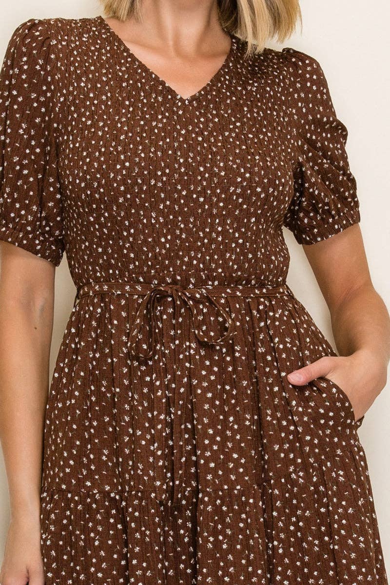 Rustic Tiered Smocked Midi Dress: Brown