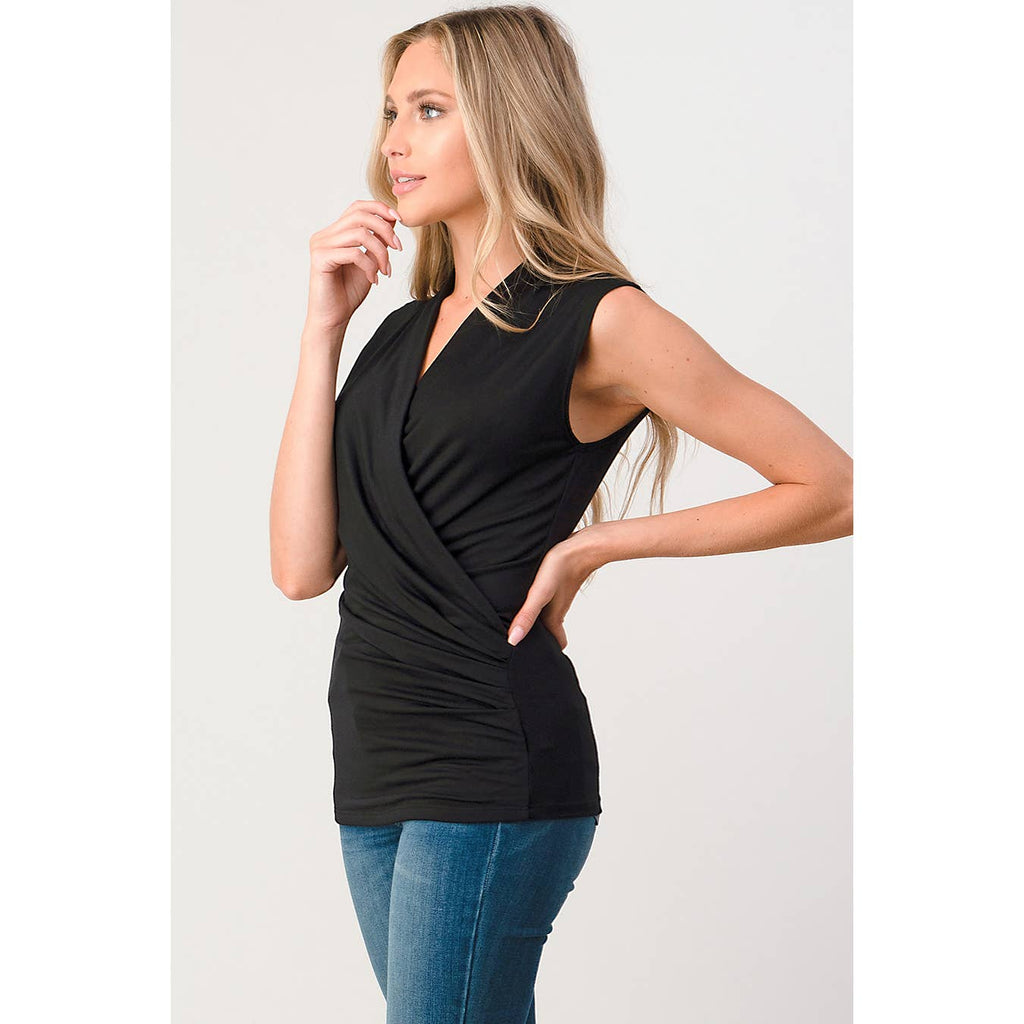 Surplice Sleeveless Knit Top: Black