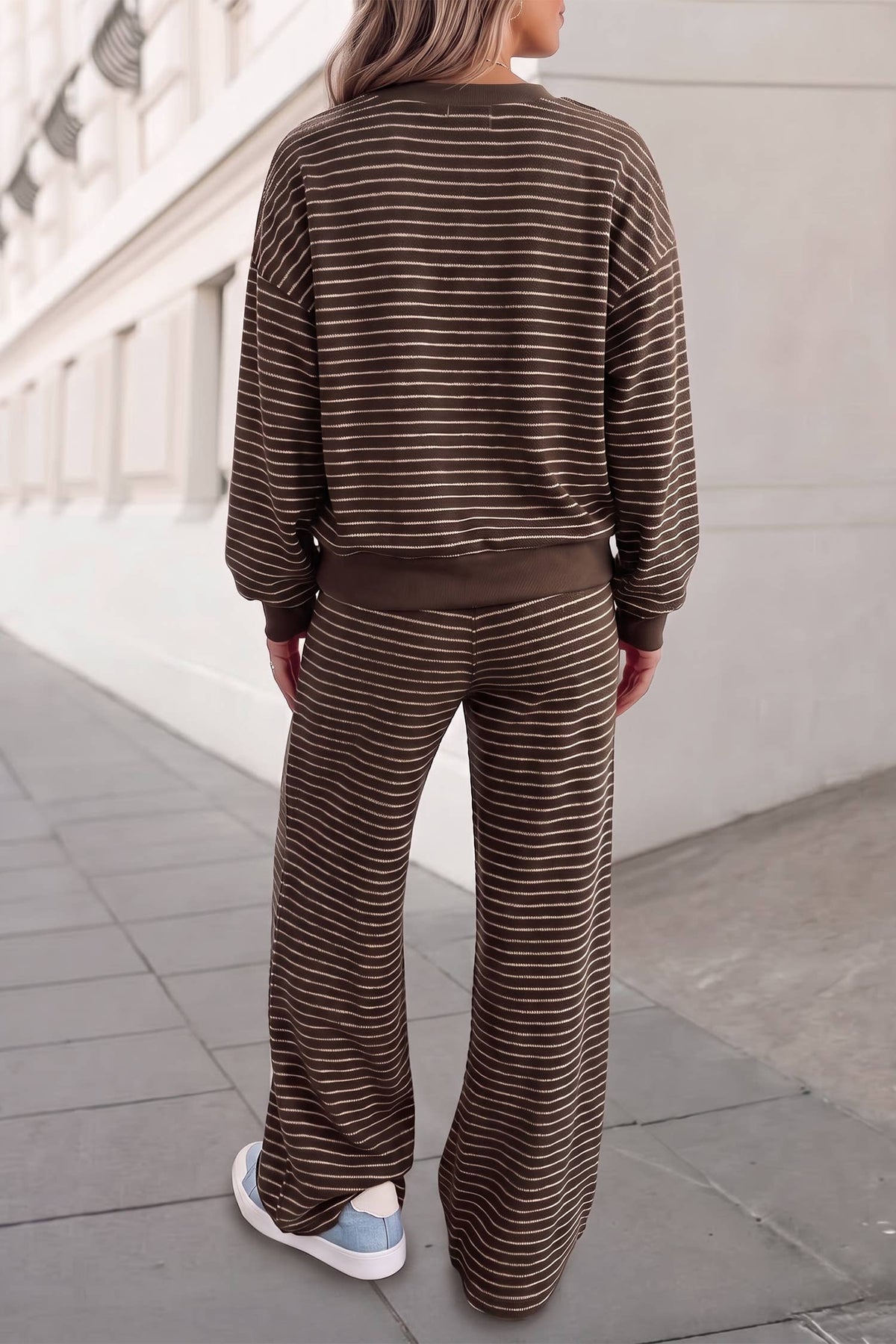 Brown Striped Pullover Set