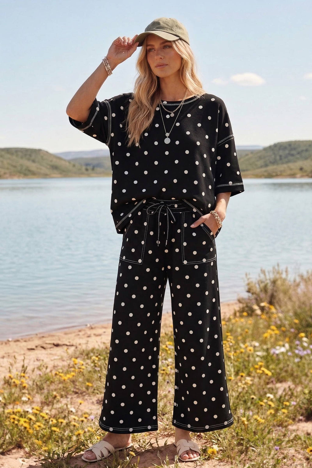 Polka Dot Short Sleeve Set: Black/White