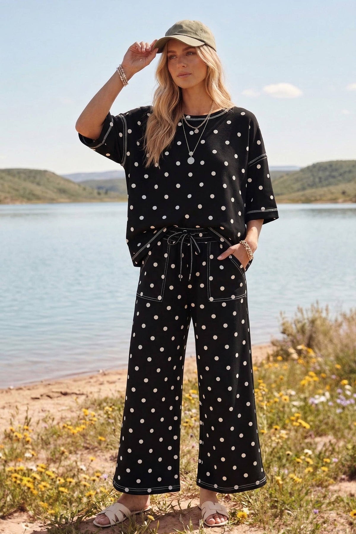 Polka Dot Short Sleeve Set: Black/White