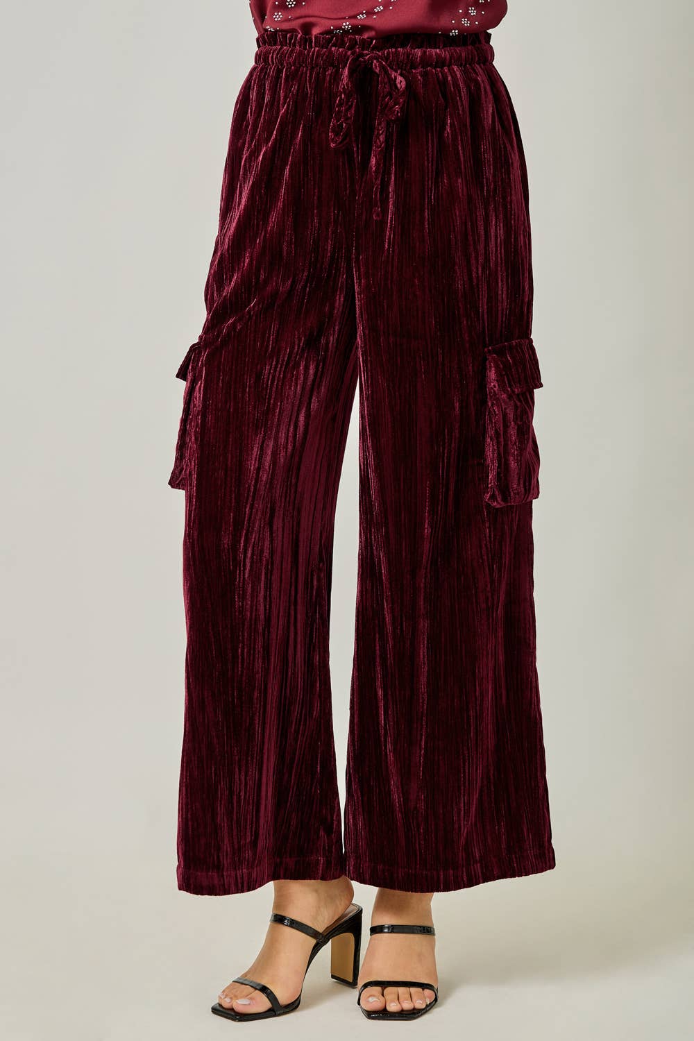 Crinkle Velvet Wide Leg Cargo Pants