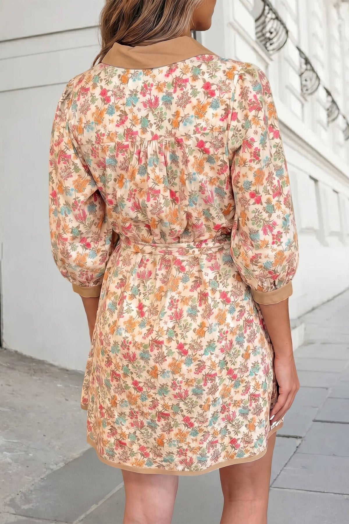 Floral 3/4 Sleeve Buckle Belt Mini Dress | S-XL