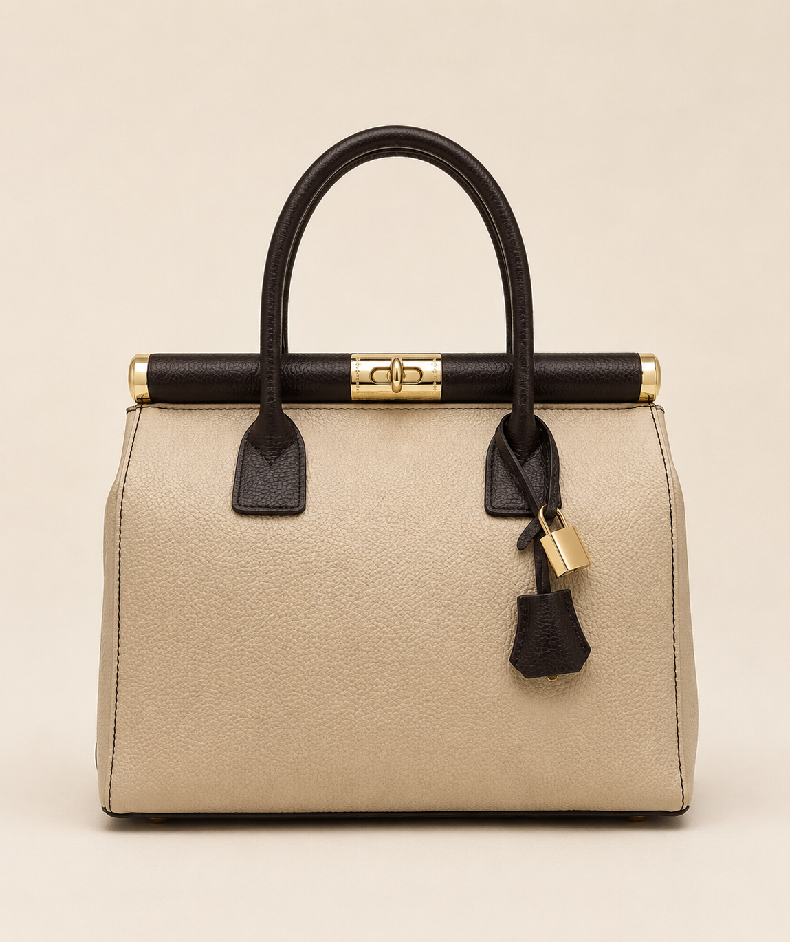Italian Leather Handbag- Cream & Dark Brown