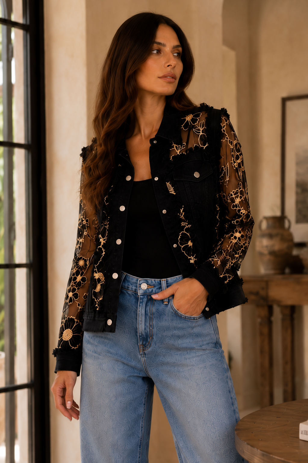 Floral Embroidered Mesh Sleeve Denim Jacket