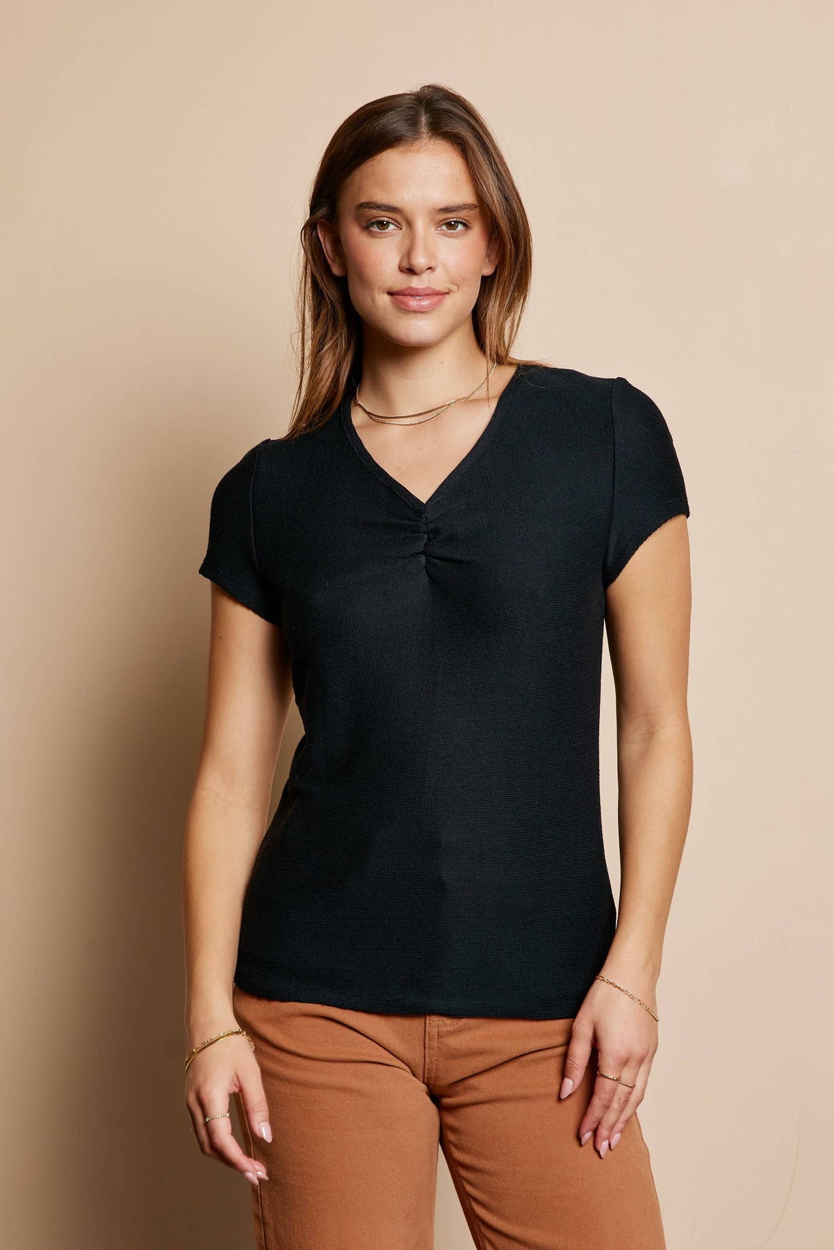 Black Ruched Ribbed V-Neck Top
