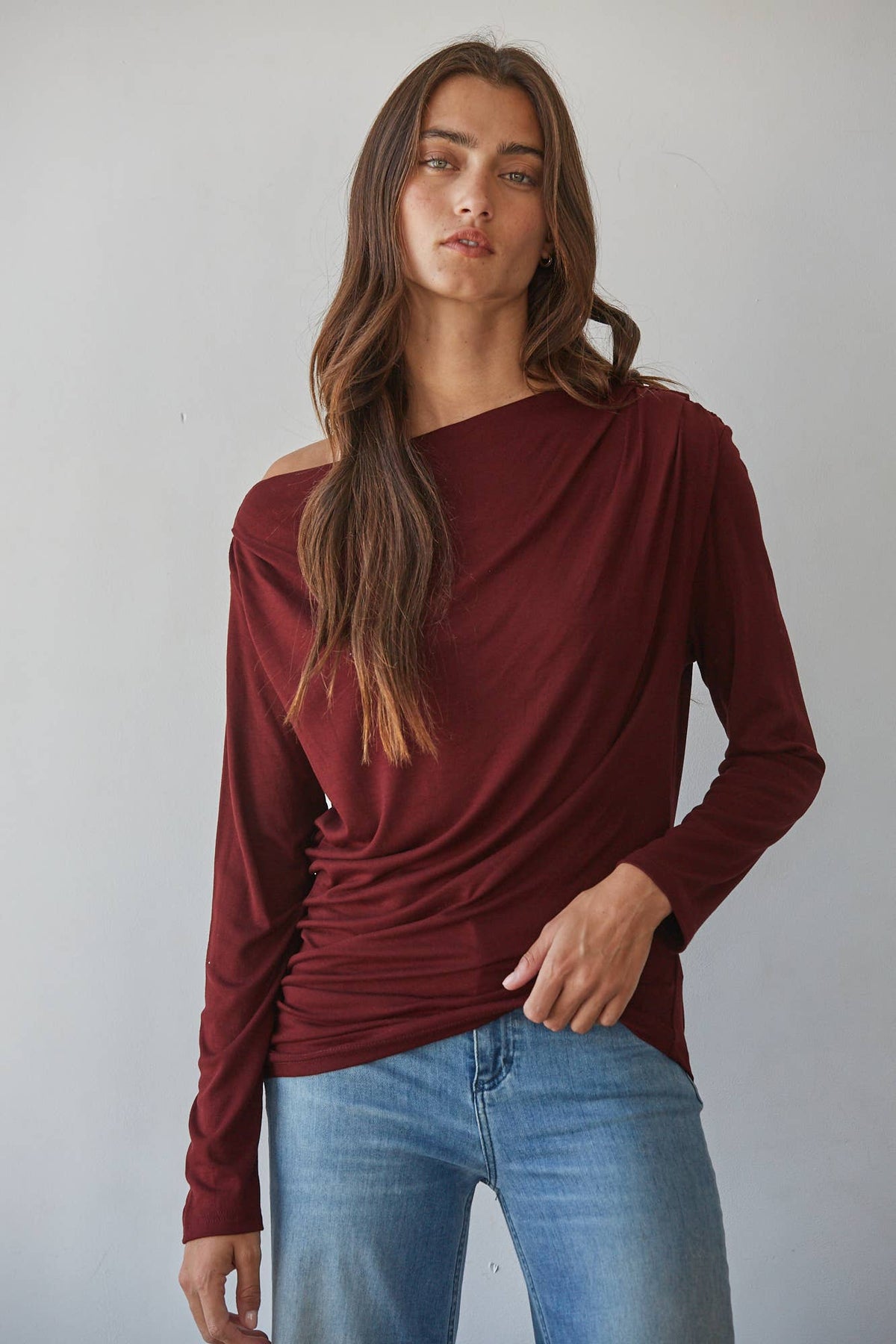 L9894 | Woven Rayon Spandex Asymmetric Long Sleeve: Wine