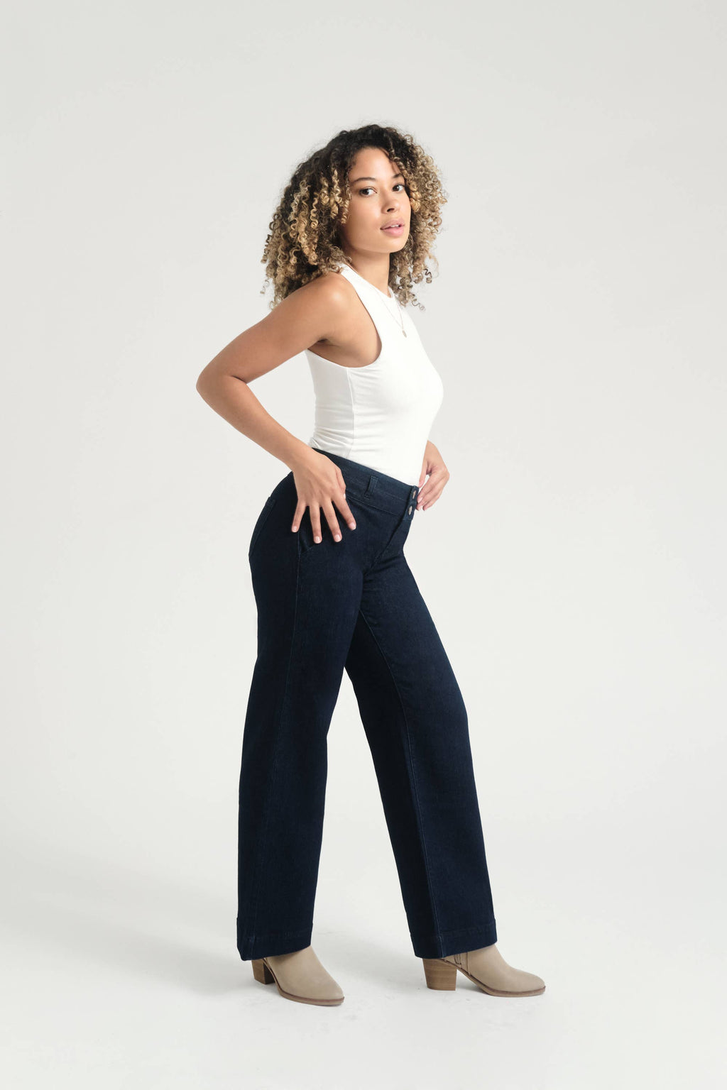 Petite 29" Slim Wide Leg Jean w/ Double Stacked Waistband